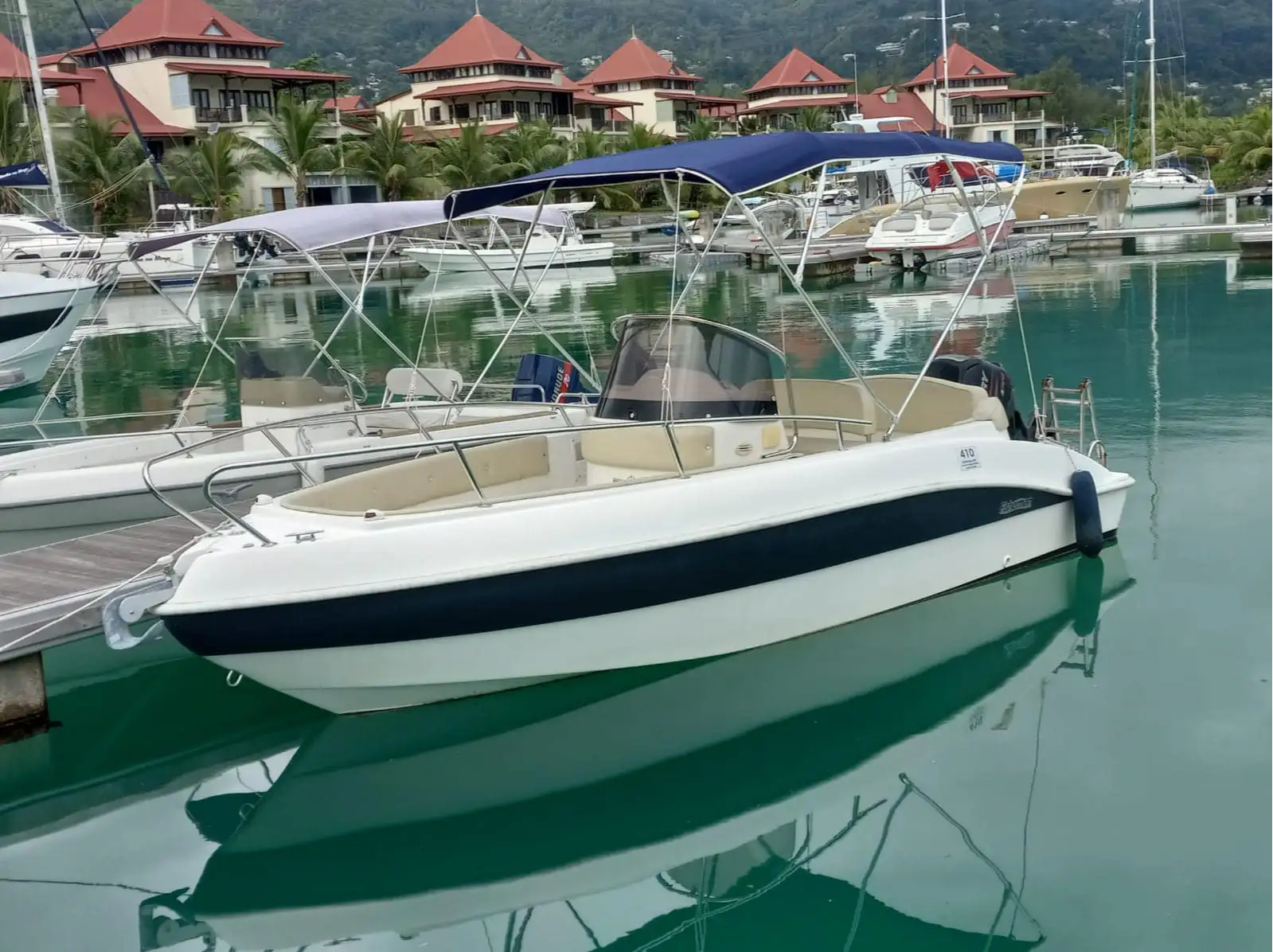 Moored on Eden Island in Seychelles. Boat is always ready to go and kept in perfect condition at all times.