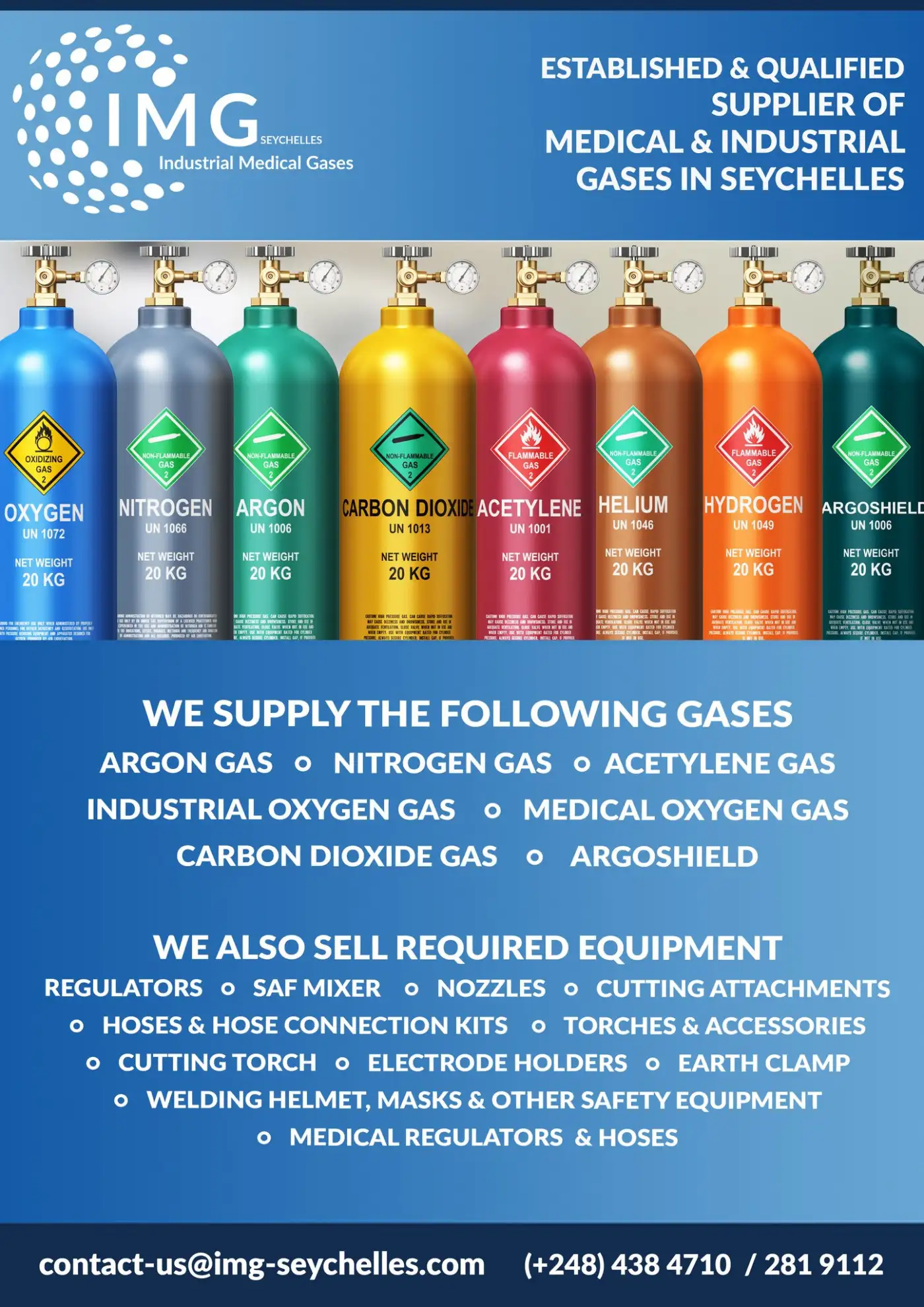 A leading supplier of industrial and medical gases to multiple industries across the Seychelles Archipelago. We have a wide selection of readily available gases, as well as a broad offering of associated products, equipment and accessories.