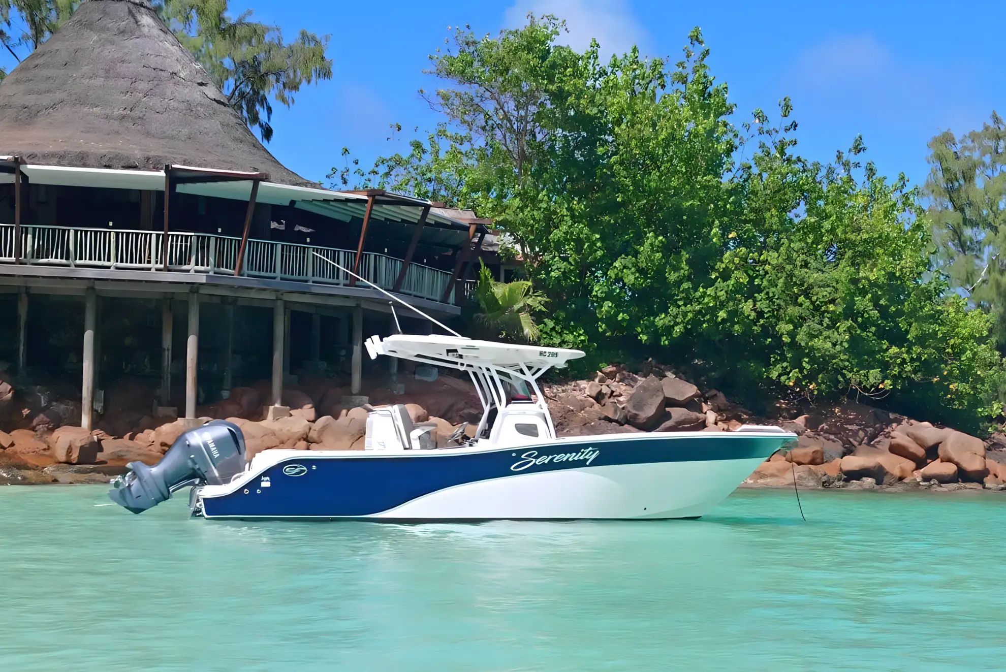 Our boat "Serenity" on anchor by Lemuria Hotel